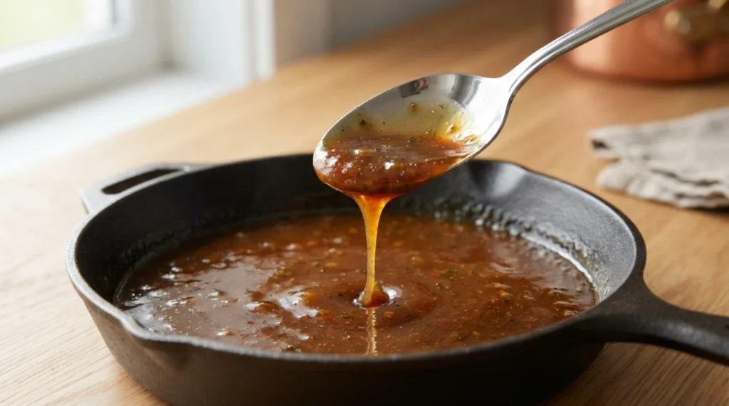 A spoonful of perfectly thickened, glossy honey garlic sauce pours back into a cast iron skillet, demonstrating the ideal consistency for the best honey garlic chicken thighs. To achieve this, add a cornstarch slurry and stir immediately, allowing the sauce to thicken in 30 to 45 seconds until it is perfectly pourable and coats a spoon. If the sauce becomes too thick, simply add water one tablespoon at a time; if it remains too thin, simmer for an additional one to two minutes to reach the perfect, professional-quality glaze for your delicious, restaurant-style home-cooked meal