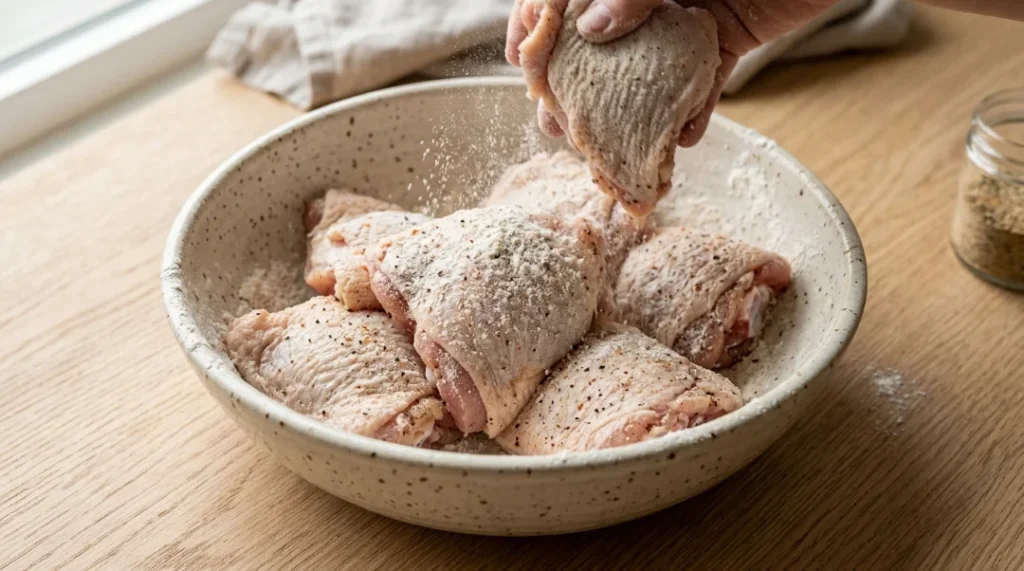 A hand gently tosses raw chicken thighs in a bowl containing a light coating of cornstarch, garlic powder, smoked paprika, salt, and pepper to prepare the best honey garlic chicken thighs. Patting the chicken completely dry before coating is a crucial step that ensures the seasoning mixture adheres evenly to every piece, creating the ideal base for a crispy, flavorful result that makes this recipe a true standout in your kitchen repertoire