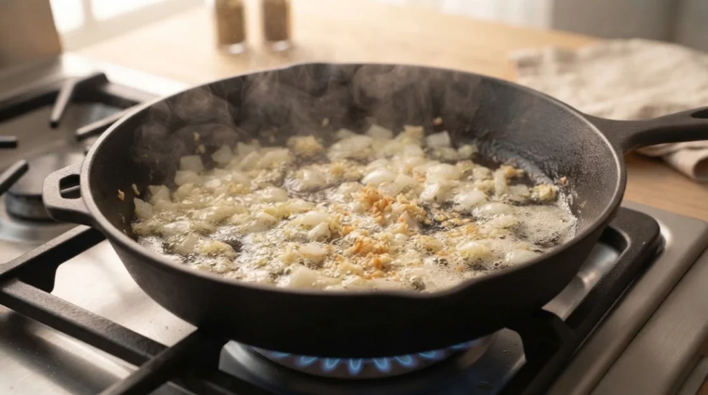 Diced onions and minced garlic saute in a cast-iron skillet over a gas burner, creating the essential flavor base for a delicious one pan chicken and rice dinner. This process of cooking aromatics until soft and fragrant is a fundamental technique for developing deep, savory notes that infuse the entire dish, ensuring a professional-quality, home-cooked meal that is both comforting and incredibly satisfying for any occasion.
