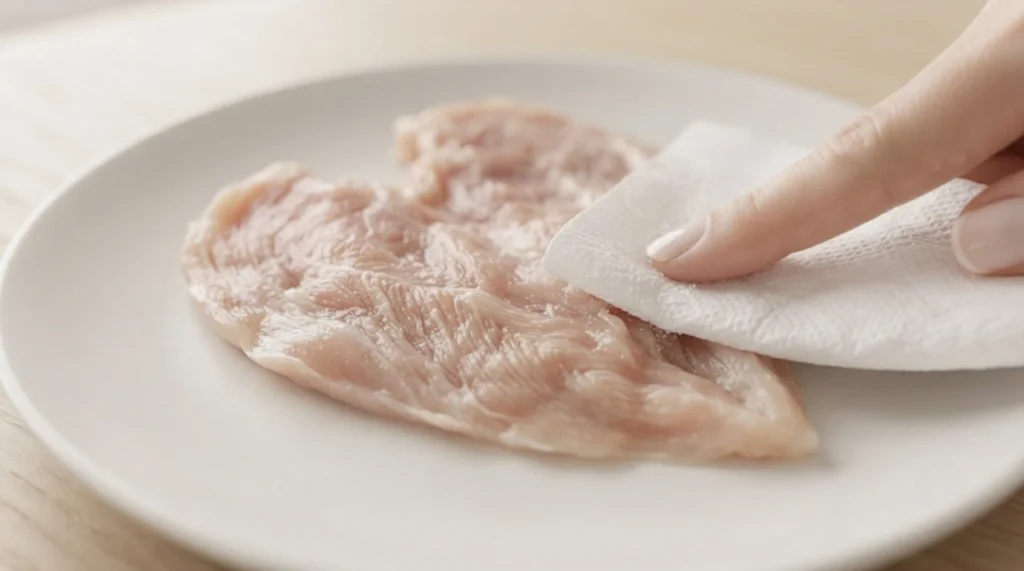 A hand uses a paper towel to pat a raw, butterflied chicken breast dry on a plate, an essential technique for achieving the perfect juicy air fryer chicken breast. To ensure even cooking and optimal texture, butterfly each breast by slicing horizontally through the middle, stopping before cutting all the way through, and opening it flat, or alternatively pounding it to a 3/4 inch even thickness. Thoroughly drying the chicken on both sides is the secret to a professional, high-quality result that guarantees tender, succulent meat every single time you cook in your air fryer.