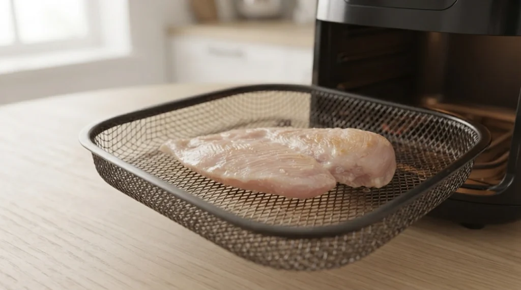 A raw chicken breast is placed in a mesh air fryer basket, ready to be cooked for the first side of this juicy air fryer chicken breast recipe. By placing the chicken in a single layer and ensuring it is not touching other pieces, you promote optimal airflow for even cooking. This initial stage is crucial for developing the perfect base texture and flavor that makes this air-fried meal so delicious. Following these precise steps ensures a consistent, professional-quality result in your own home kitchen.