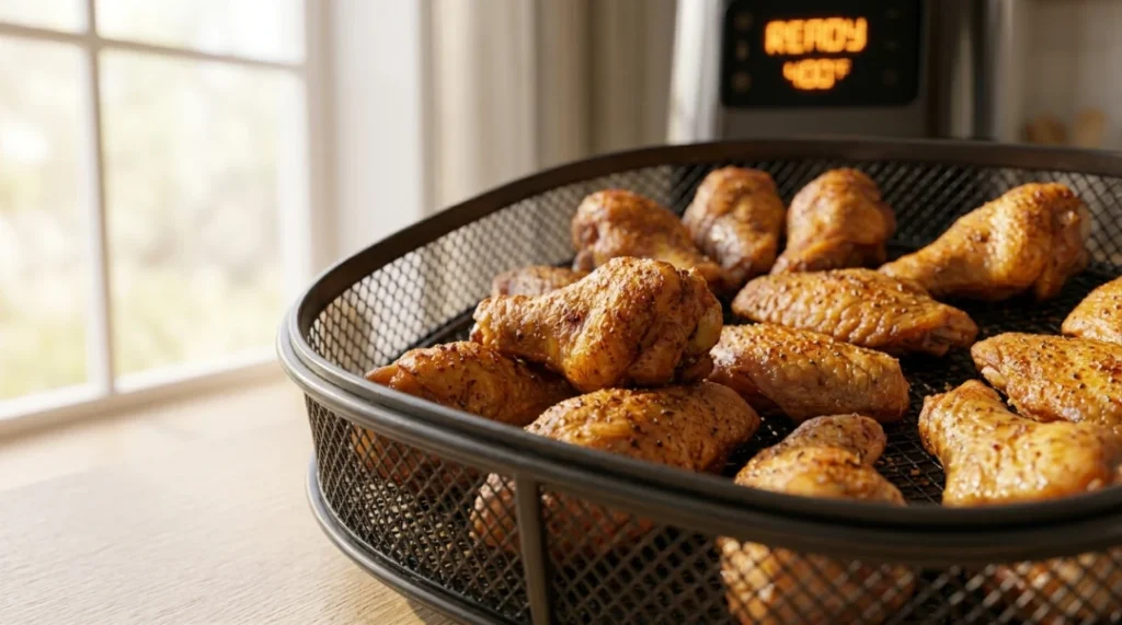 Golden brown, crispy chicken wings are perfectly cooked in an air fryer basket sitting on a light oak wood counter. The air fryer display shows a temperature of 400°F for the final blast. Bright natural window light illuminates the deep, firm skin of the wings, highlighting their professional quality. Achieving this perfect level of crispiness is the ultimate goal, and reaching an internal temperature of 165°F ensures they are safe and delicious to eat