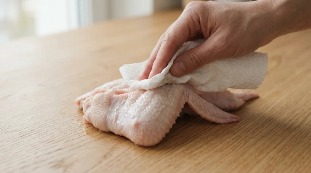 A hand uses a white paper towel to dry a raw chicken wing on a plate over a light oak wood table. Bright natural window light fills the background. This clean visual features our strict zero utensil setup to highlight this crucial easy prep step. Removing all moisture from the skin is the best secret for achieving a flawless crunch. This quick trick guarantees the ultimate bite every single time!!