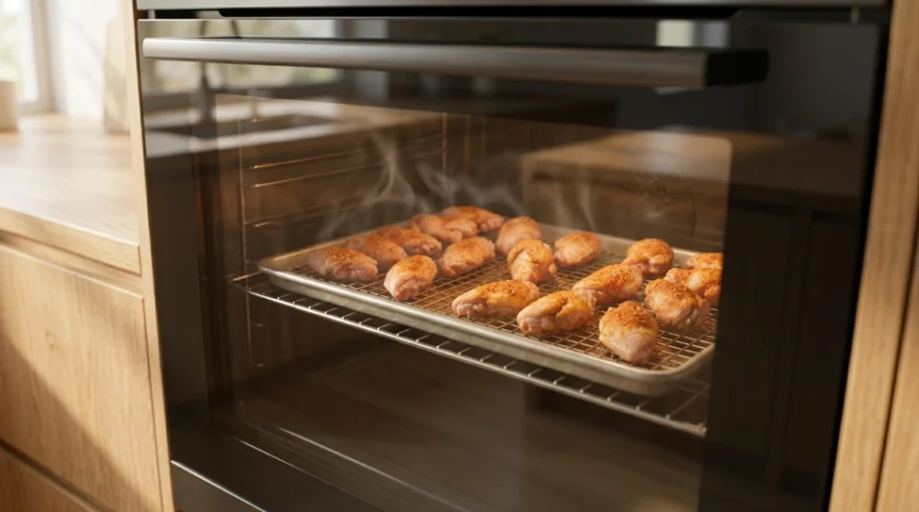 Seasoned chicken wings bake on a wire rack within a modern oven. The kitchen features a light oak wood counter and bright natural window light. This setup follows our zero utensil rule to keep the focus on the professional baking process. Keeping the oven door closed for the initial twenty-five minutes is the absolute best way to ensure the wings start to turn golden, creating the ultimate crispiness