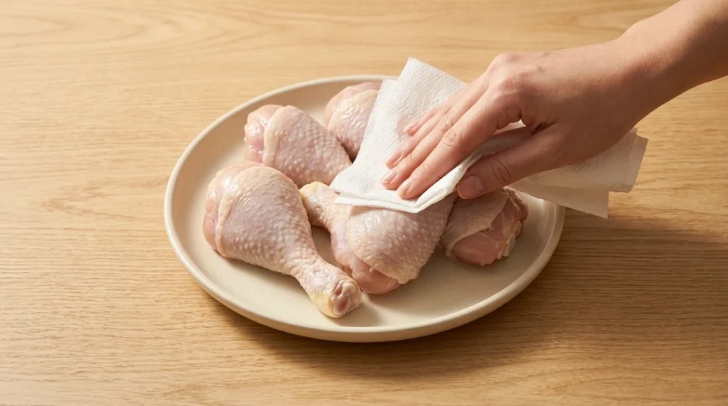 A pair of hands using a paper towel to pat raw chicken drumsticks completely dry on a white plate, highlighting the prep step for crispy baked chicken drumsticks.