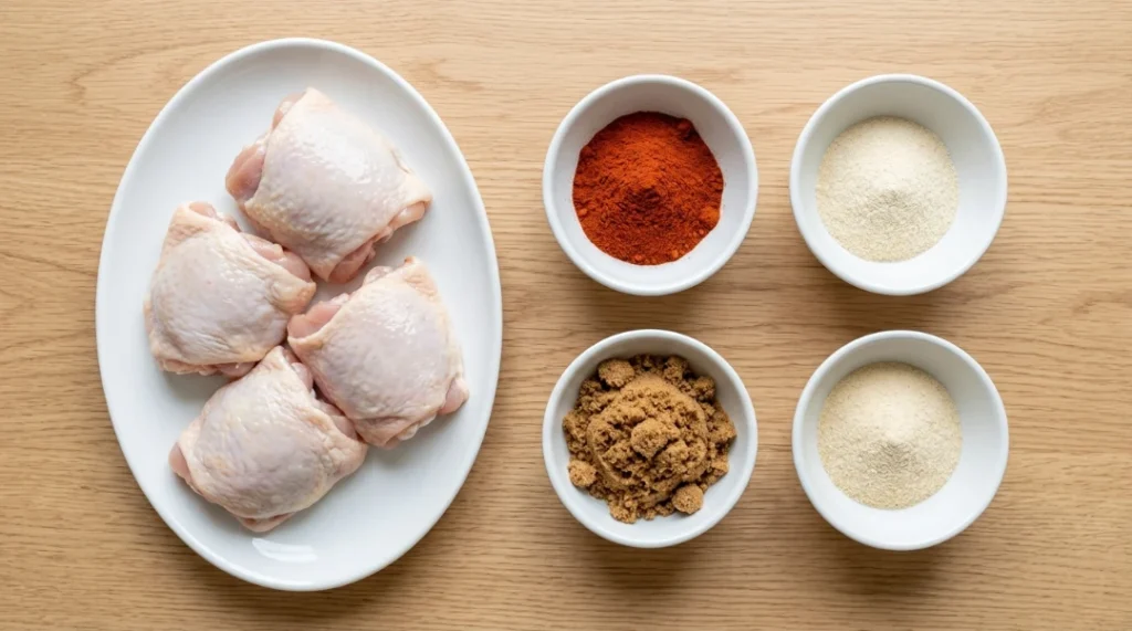 A top-down view of raw grilled chicken thighs on a plate alongside four small white bowls containing the key ingredients for a flavor-packed dry rub: paprika, brown sugar, garlic powder, and onion powder. This assembly highlights the fundamental components needed to create a perfectly seasoned, delicious grilled chicken dish. The raw, high-quality chicken thighs and the vibrant, aromatic spices provide a clear visual guide for home cooks to prepare this essential, savory marinade base.