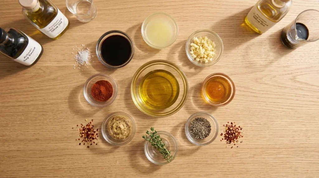 An overhead flat lay of fresh recipe ingredients arranged neatly on a wooden tabletop, featuring olive oil, soy sauce, lemon juice, garlic, and honey for easy grilled chicken marinade.