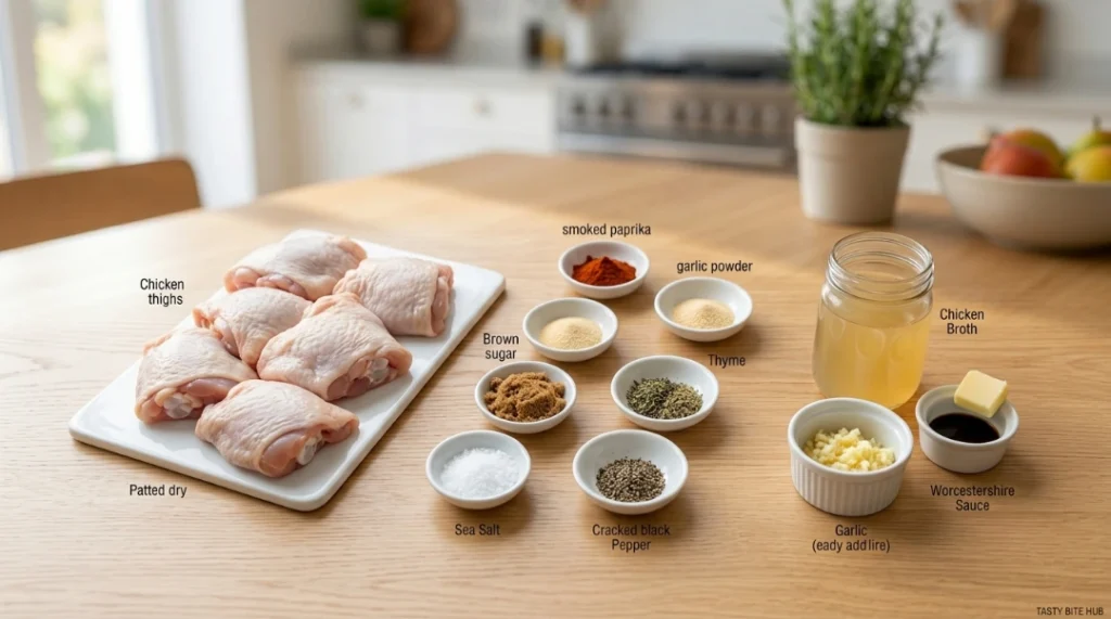 A beautifully organized layout on a light wood kitchen table showcases all the necessary ingredients for slow cooker chicken thighs. On a white rectangular plate sit several raw chicken thighs, labeled "patted dry." Surrounding them are small white bowls containing the essential components: smoked paprika, garlic powder, brown sugar, thyme, sea salt, and cracked black pepper. A jar of chicken broth, a small bowl of minced garlic, and a small ramekin with a pat of butter and Worcestershire sauce complete the setup, providing a clear visual guide for the recipe's ingredients. slow cooker chicken thighs