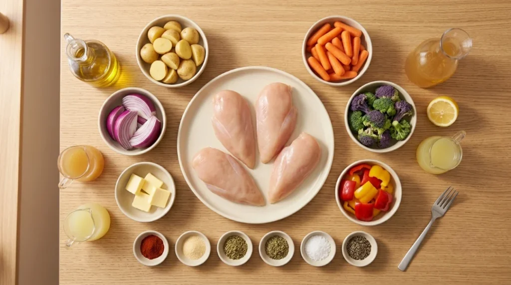 A top-down layout of raw chicken breasts, potatoes, carrots, broccoli, bell peppers, red onion, oil, spices, and pan sauce ingredients displayed on a light oak table, preparing one pan chicken breast with vegetables.
