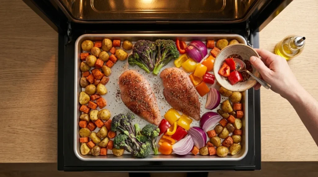 A top-down view of a half-sheet pan in an oven being arranged with seasoned chicken breasts in the center, surrounded by roasted potatoes, carrots, broccoli, and peppers, preparing one pan chicken breast with vegetables.