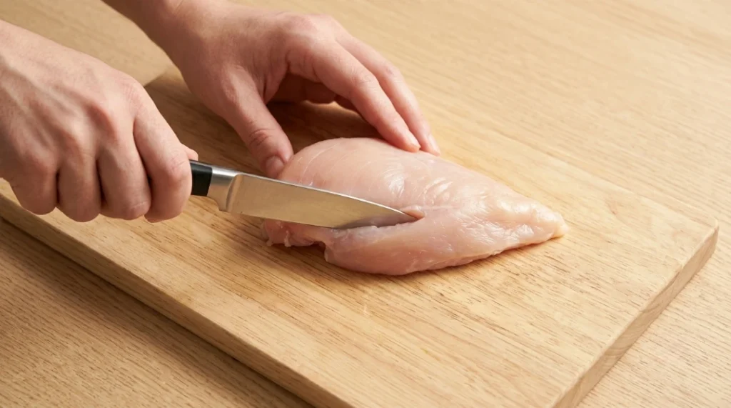 A close-up view of hands using a sharp knife to carefully slice a horizontal pocket into a raw chicken breast on a light oak cutting board, demonstrating the technique for stuffed chicken breast.