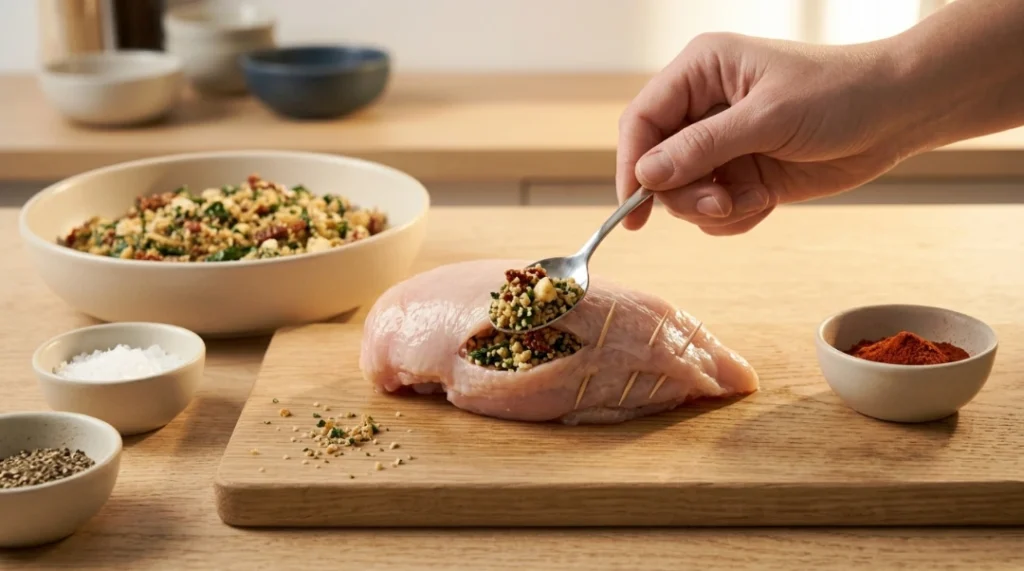 A spoon adding savory stuffing into the pocket of a raw chicken breast secured with toothpicks on a wooden cutting board, demonstrating the step for stuffed chicken breast.
