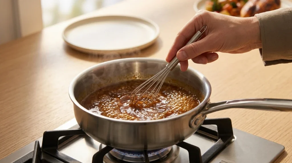 A close-up view of a hand whisking a simmering pan sauce in a small stainless steel saucepan on a stovetop burner, preparing the sauce for one pan chicken breast with vegetables.