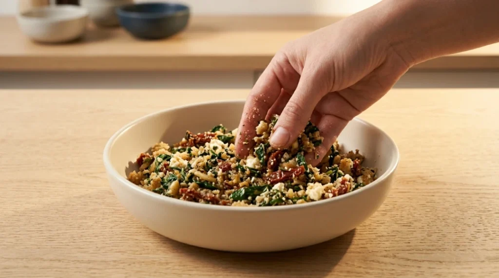 A hand mixing a savory spinach and cheese filling in a matte bowl on a light wooden tabletop, demonstrating how to prepare the stuffing for an easy stuffed chicken breast.