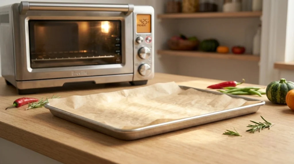 A half-sheet pan lined with parchment paper on a wooden countertop next to a preheated toaster oven, demonstrating the preparation step for one pan chicken breast with vegetables.