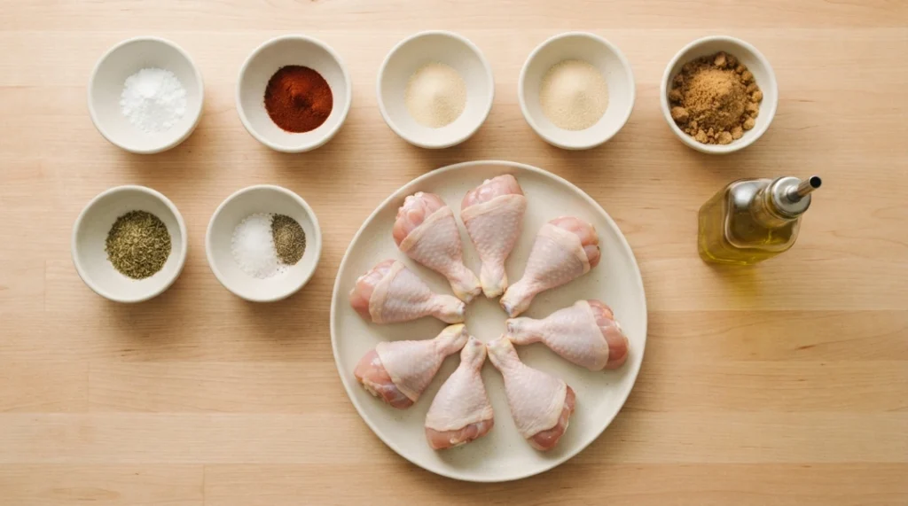 Raw chicken drumsticks on a plate surrounded by small bowls of spices, baking powder, brown sugar, and a bottle of olive oil on a wooden table, showcasing the ingredients for crispy baked chicken drumsticks.