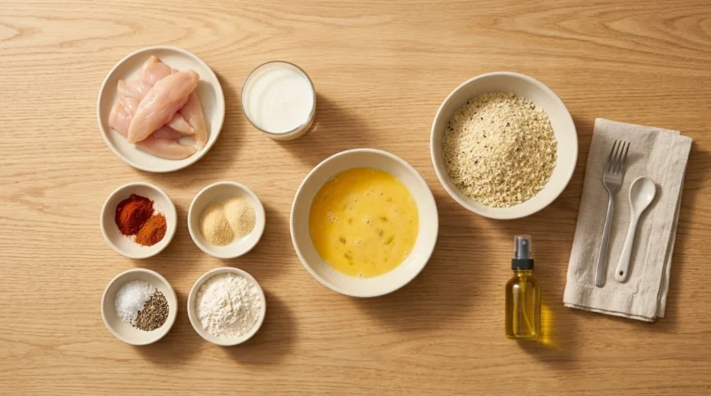 An overhead flat lay of fresh ingredients arranged on a wooden table, including raw chicken tenders, buttermilk, panko, flour, eggs, and spices for crispy chicken tenders without deep frying.