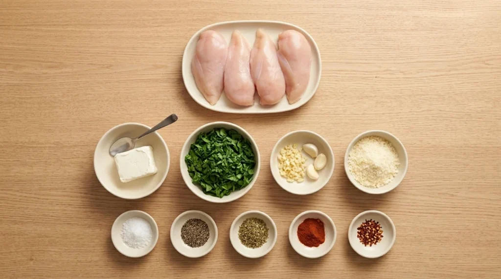An overhead view of ingredients laid out on a light oak wooden surface, including raw chicken breasts on a ceramic plate, bowls of chopped spinach, cream cheese, minced garlic, parmesan, and various spices for stuffed chicken breast.