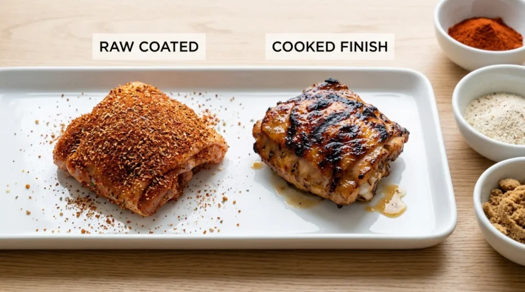 A side-by-side comparison on a white platter shows a "raw coated" chicken thigh covered in a dry rub next to a "cooked finish" grilled chicken thigh, illustrating the impact of seasoning methods. The image contrasts the dry, seasoned surface before cooking with the deeply caramelized, charred results achieved after grilling. This visual guide helps home cooks understand how a well-applied dry rub transforms during the grilling process to create a superior crust and intense flavor, effectively demonstrating why a dry rub is often the preferred choice for achieving the perfect grilled texture compared to the moisture-heavy approach of a marinade.