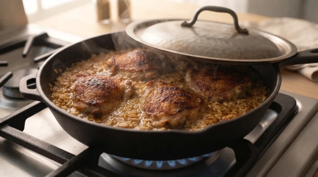 Seared chicken thighs are nested into a flavorful bed of rice and broth within a cast-iron skillet, preparing the dish for its final steam. To finalize your one pan chicken and rice dinner, carefully position the chicken skin side up on top of the rice, ensuring it sits above the liquid line. Cover the skillet tightly with a lid to trap the steam, reduce the heat to medium-low, and cook for 20 minutes without lifting the lid, allowing the flavors to meld into a tender, delicious, professional-quality home cooked meal.