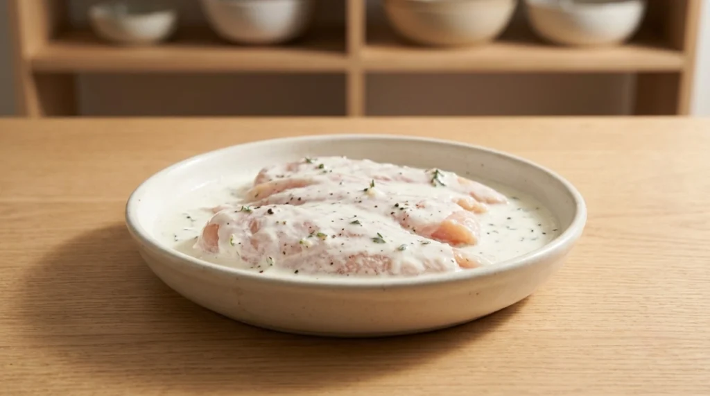 Raw chicken tenders soaking in a shallow dish filled with creamy buttermilk, highlighting the preparation step for crispy chicken tenders without deep frying.