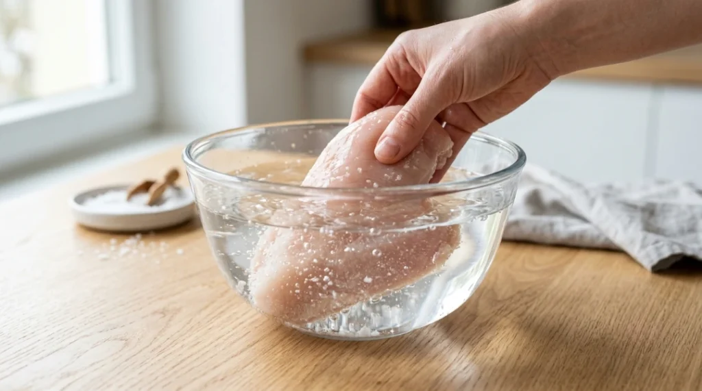 A hand gently submerges a raw chicken breast into a glass bowl filled with a salt-water solution on a light oak wood table. This essential brining process for a Baked Chicken Breast helps the meat retain maximum moisture during the cooking process, ensuring a tender result every time. By dissolving two tablespoons of salt in four cups of cold water and brining for ten minutes, you transform the protein structure to prevent dryness, which is crucial for achieving the highest quality meal imaginable