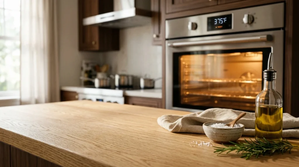 A professional stainless steel oven is set to preheat in a modern kitchen, with a clean light oak wood kitchen island in the foreground. A small bowl of sea salt with a wooden spoon, a bottle of olive oil, and fresh rosemary sit ready on the counter. Preheating your oven to 425°F is the essential first step for a juicy Baked Chicken Breast, as using high heat and a shorter cooking time significantly reduces moisture loss, ensuring your meal is tender and flavorful every single time