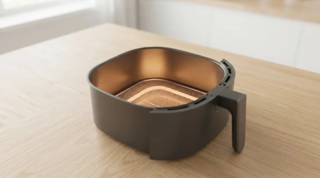 An empty basket-style air fryer sits on a wooden kitchen counter, prepared to be preheated to ensure the perfect cooking environment for Air Fryer Chicken Thighs. For basket-style models, preheat at 380°F for 3 minutes to guarantee even cooking, while toaster oven models typically do not require this step. Proper preheating is a simple yet effective technique that helps you achieve consistent, professional-quality results every time you prepare this easy and delicious home-cooked meal.