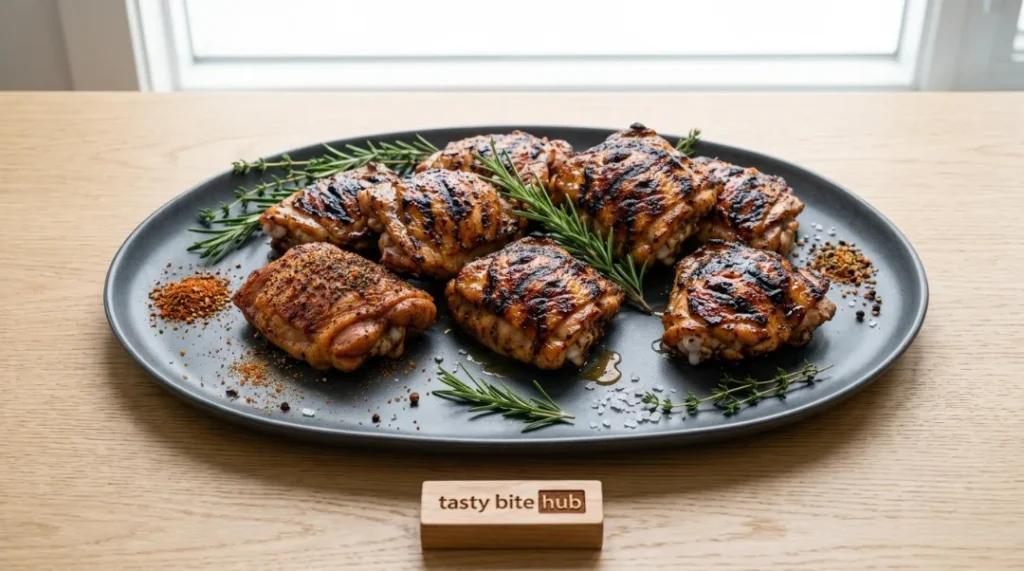 A beautifully presented platter of grilled chicken thighs, garnished with fresh sprigs of rosemary and thyme, sits ready to be served. This final image showcases the appetizing, golden-brown results of the grilling process, emphasizing the appeal of a well-prepared meal. Serving the chicken immediately ensures that the crispy skin and juicy interior are enjoyed at their peak, making it an inviting centerpiece for any gathering.