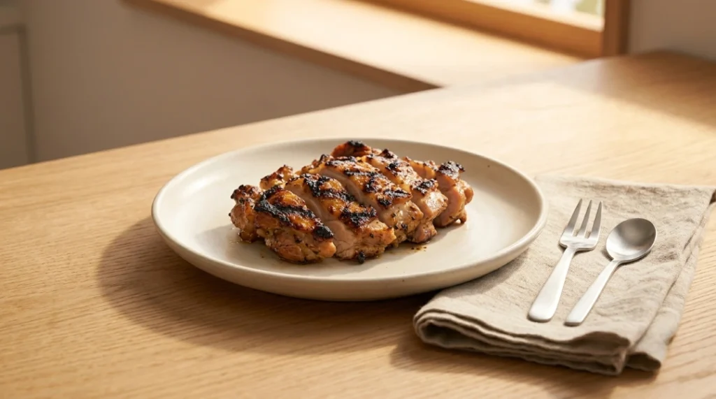 Sliced grilled chicken thighs resting on a white ceramic plate next to a fork and spoon, prepared using easy grilled chicken marinade.