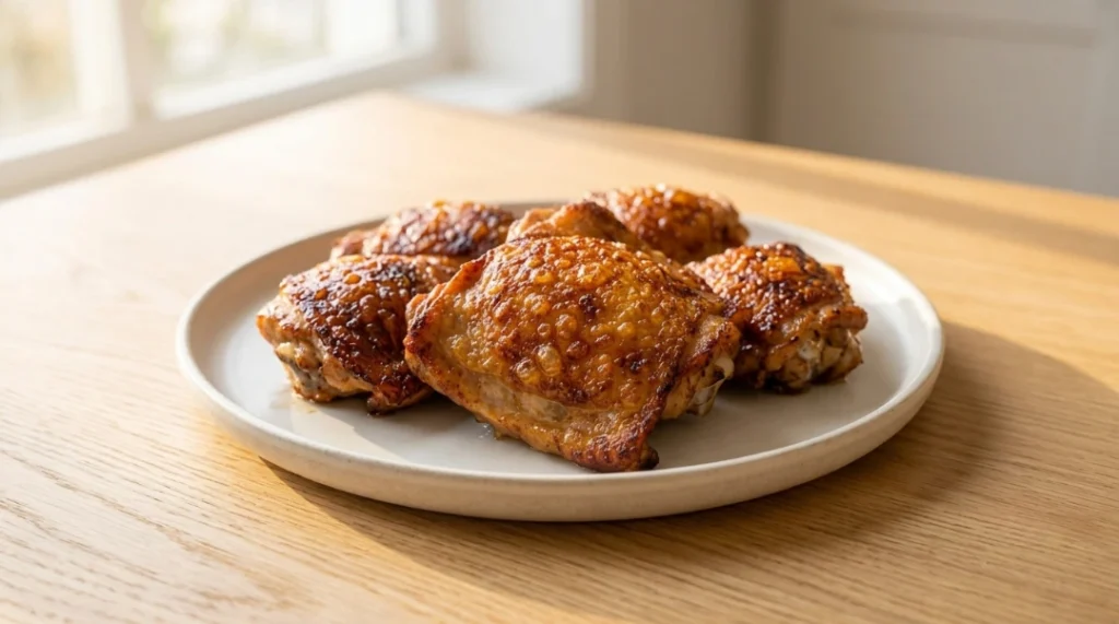 Perfectly cooked Air Fryer Chicken Thighs rest on a plate after being removed from the air fryer, showcasing their golden-brown, crispy skin and juicy texture. To finish, allow the chicken to rest on a wire rack or plate for 5 minutes, as the skin firms further during this time and the juices redistribute through the meat, ensuring that every bite of your Air Fryer Chicken Thighs is tender and flavorful when served immediately.