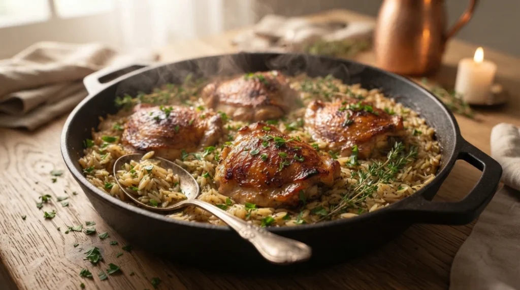 The final, mouthwatering one pan chicken and rice dinner is presented in a rustic cast-iron skillet, featuring perfectly cooked, golden-brown chicken thighs nestled over a bed of savory, herb-infused rice. To finish, remove the skillet from the heat and allow the meal to rest, covered, for five minutes before serving directly from the pan. This crucial resting time allows the flavors to meld perfectly and the textures to settle, ensuring a professional-quality meal that is both comforting and ideal for any family dinner.