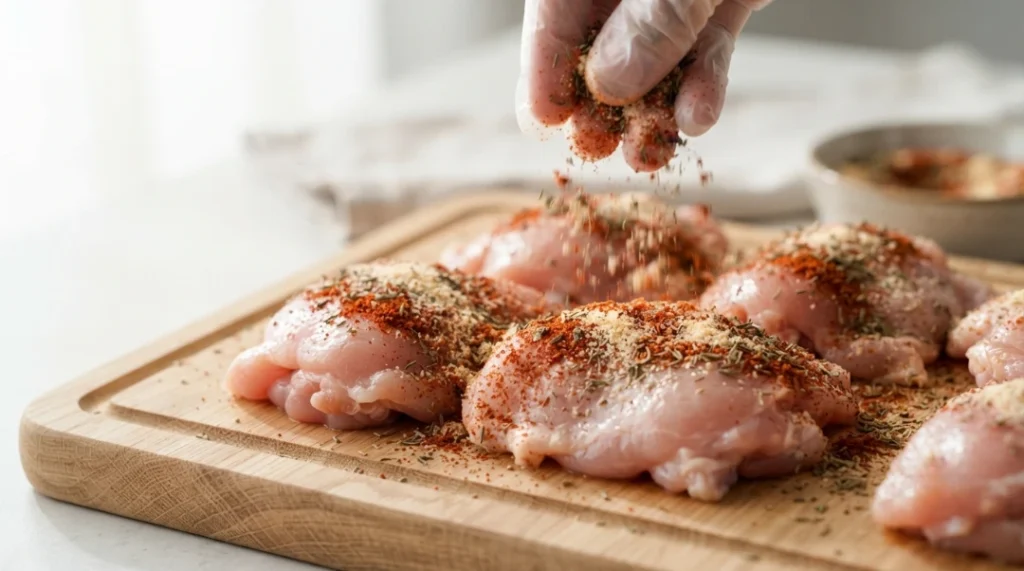 A hand in a clear glove sprinkles a savory spice blend over raw chicken thighs arranged on a wooden cutting board, preparing them for a delicious one pan chicken and rice dinner. This essential step ensures the chicken is well-seasoned with a mixture of herbs and spices, creating a flavorful foundation for this easy, professional-quality home cooked meal that is perfect for any weeknight or special family gathering.