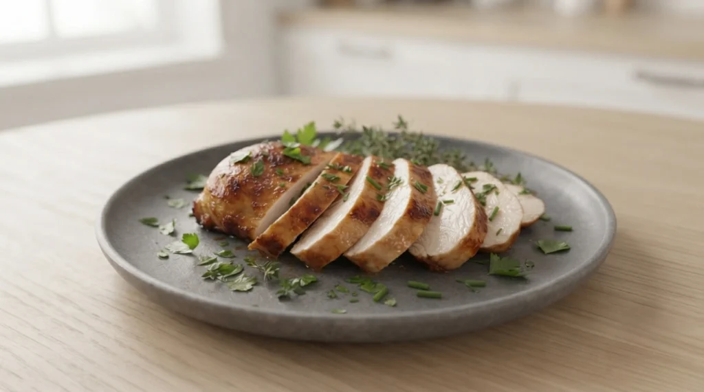 A perfectly cooked, juicy air fryer chicken breast is sliced at a diagonal against the muscle fibers on a plate, garnished with fresh herbs. This technique of slicing against the grain is the final step to ensuring your chicken is as tender as possible, as it effectively shortens the muscle fibers in each slice. By cutting this way, you make every bite noticeably more tender, providing a professional finish to your meal that ensures the juiciness is enjoyed to its fullest potential.
