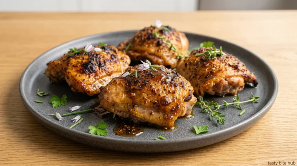 A plate of beautifully broiled, golden-brown chicken thighs is presented, having rested for 3 minutes to ensure juiciness. The chicken is finished with the savory, reduced pan sauce spooned over the top and garnished with fresh herbs, ready to be served. This final image captures the delicious, restaurant-quality results of the entire cooking process.
