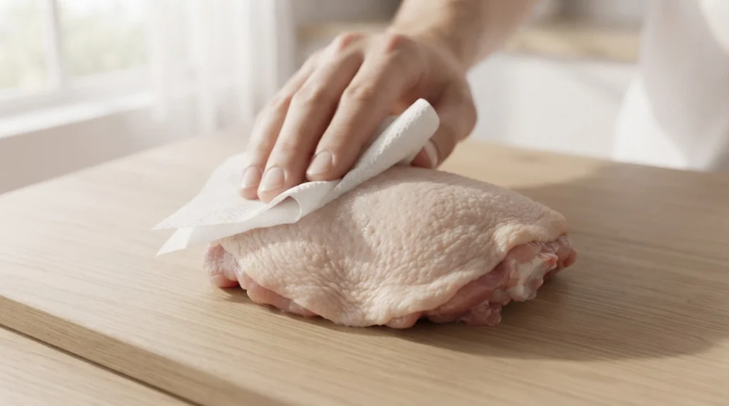 A hand uses a paper towel to pat a raw chicken thigh dry on a wooden cutting board, a crucial step for achieving perfect Air Fryer Chicken Thighs. Proper preparation requires trimming large, hanging pieces of excess skin and fat while leaving enough to cover the meat, and drying the chicken completely, including under skin folds. Because moisture and excess skin prevent crisping, this careful preparation ensures that your Air Fryer Chicken Thighs achieve the ultimate golden, crunchy texture that makes this dish a standout favorite.