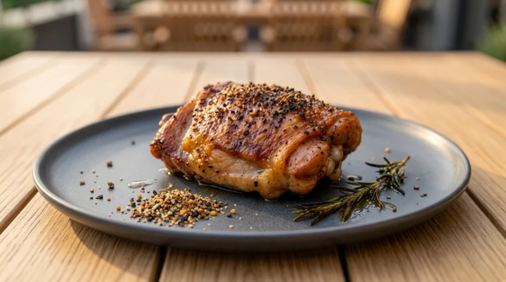 A perfectly grilled chicken thighs is presented on a minimalist dark plate, showcasing why this cut is superior for grilling. With its natural fat content and resilient texture, the chicken thigh stays remarkably juicy and flavorful even when exposed to high heat, unlike leaner cuts that can easily dry out. The visible crispy skin and seasoning in this image represent the ideal balance of texture and taste that makes chicken thighs the preferred choice for outdoor grilling enthusiasts.