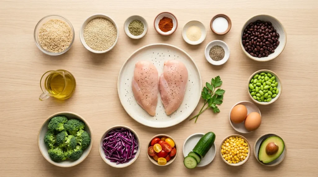 A flat-lay view of full week ingredients arranged neatly on a light wood grain table, featuring boneless skinless chicken breasts, dry grains, seasoning spices, black beans, edamame, eggs, and fresh weekly vegetables, prepared for high protein chicken bowl meal prep.