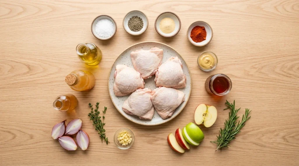 A flat-lay view of ingredients arranged neatly on a wooden table, featuring bone-in skin-in chicken thighs, apple cider, spices, fresh apples, shallots, and herbs for apple cider glazed chicken thighs.