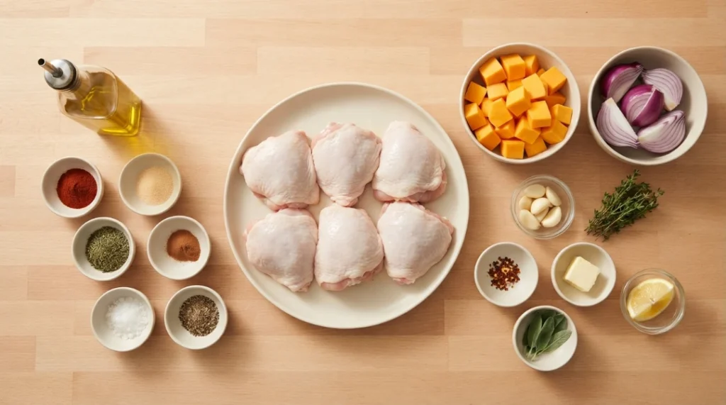 A flat-lay view of ingredients arranged neatly on a light wood grain table, featuring bone-in skin-on chicken thighs, cubed butternut squash, red onion wedges, olive oil, spices, fresh herbs, and butter for chicken and butternut squash.