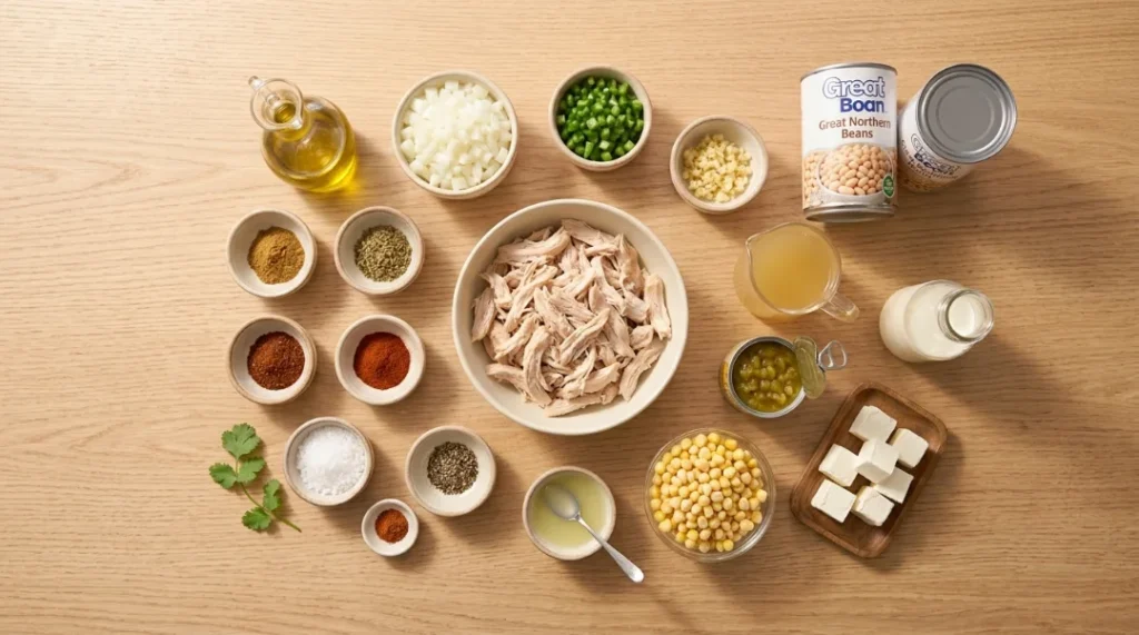 A flat-lay view of all measured ingredients on a wooden table, including shredded chicken, beans, spices, cream cheese, and broth for creamy white chicken chili.