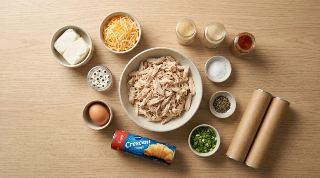 A flat-lay view of ingredients arranged neatly on a light wood grain table, featuring shredded rotisserie chicken, cream cheese, crescent roll dough, spices, and candy eyes for Halloween Chicken Mummy Wraps.