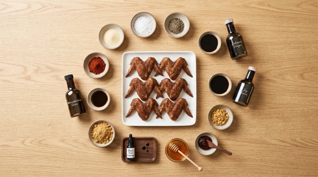 A flat-lay view of ingredients arranged neatly on a wooden table, featuring whole seasoned chicken wings, balsamic vinegar, soy sauce, spices, and black food coloring for halloween chicken wings spooky.