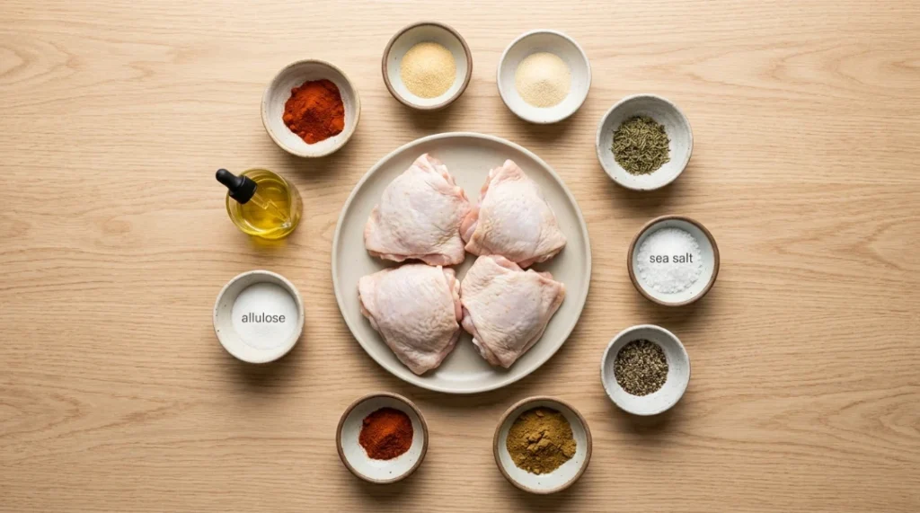 A flat-lay view of ingredients arranged neatly on a light wood grain table, featuring bone-in skin-on chicken thighs, keto dry rub spices, avocado oil, and allulose, prepared for keto air fryer chicken thighs.