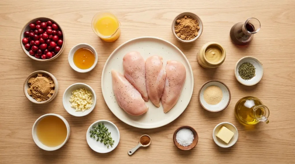 A flat-lay view of ingredients arranged on a light wood surface, including boneless skinless chicken breasts, fresh cranberries, orange juice, honey, and spices, prepared for Cranberry Glazed Chicken Breast.