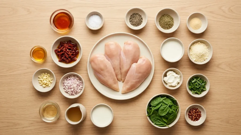 A flat-lay view of fresh ingredients arranged on a light wood surface, including chicken breasts, heavy cream, parmesan, and sun-dried tomatoes, prepared for Creamy Tuscan Chicken.