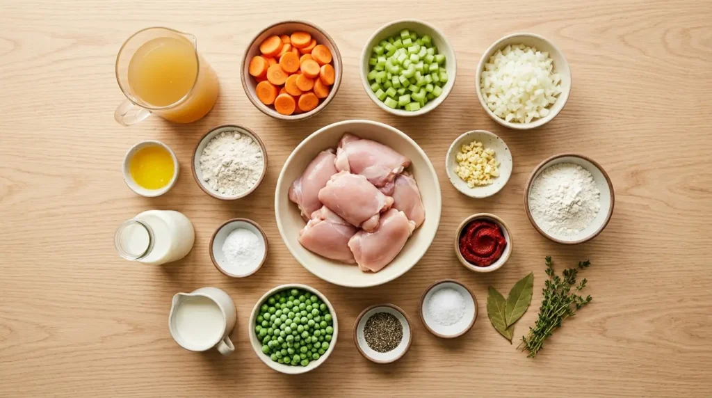 A flat-lay view of ingredients arranged on a light wood surface, including chicken thighs, flour, carrots, celery, peas, milk, and herbs, prepared for slow cooker chicken and dumplings.