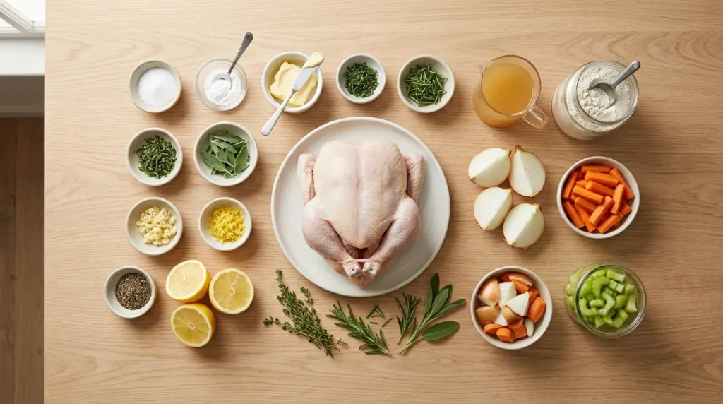 A flat-lay view of ingredients arranged on a light wood surface, including a whole chicken, butter, fresh herbs, aromatics, and spices, prepared for whole roast chicken thanksgiving.
