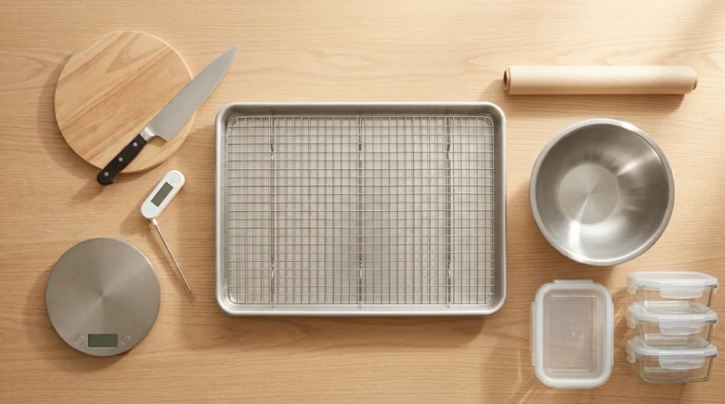 A top-down layout of essential kitchen equipment including a rimmed baking sheet, wire rack, instant-read thermometer, cutting board, knife, and airtight containers on a wooden table, organizing tools for chicken meal prep for week.