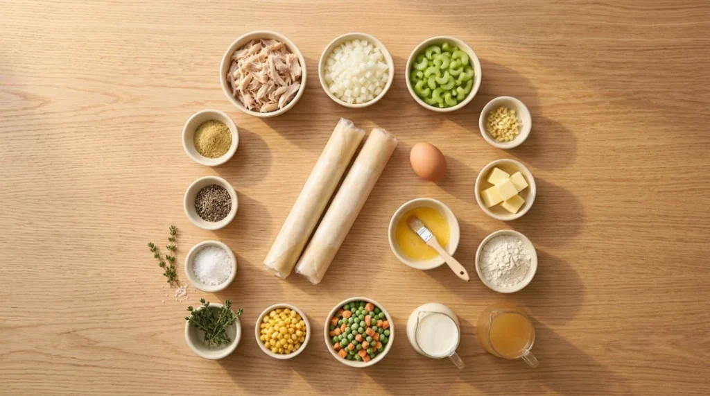 A flat lay of ingredients neatly arranged in bowls and rolls on a wooden table, featuring components for easy homemade chicken pot pie.